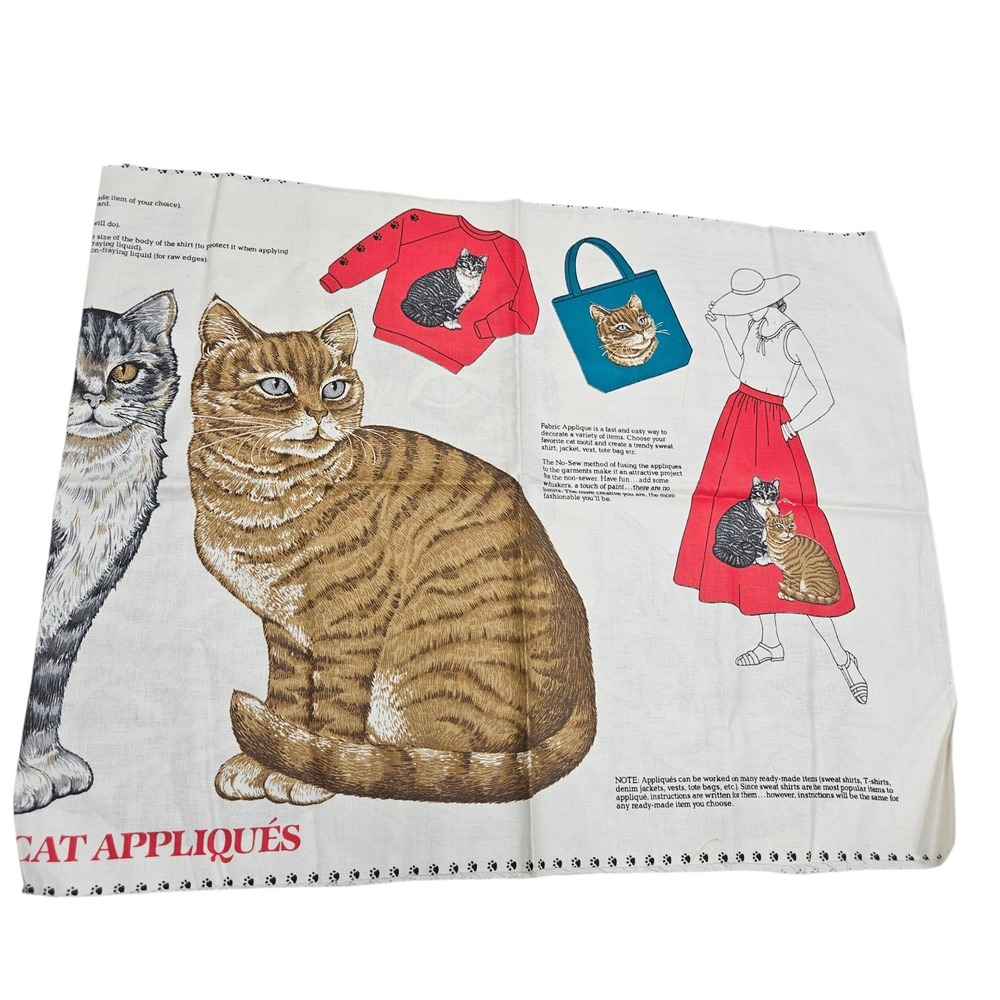 Vintage Cat Appliques Fabric Panel Sewing Craft Projects Uncut Retro 80s 90 Twee
